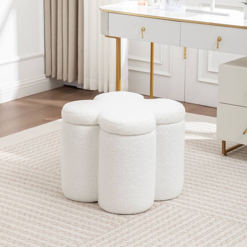 SEYNAR Modern Glam Teddy Velvet Flower Shape Storage Ottoman - White