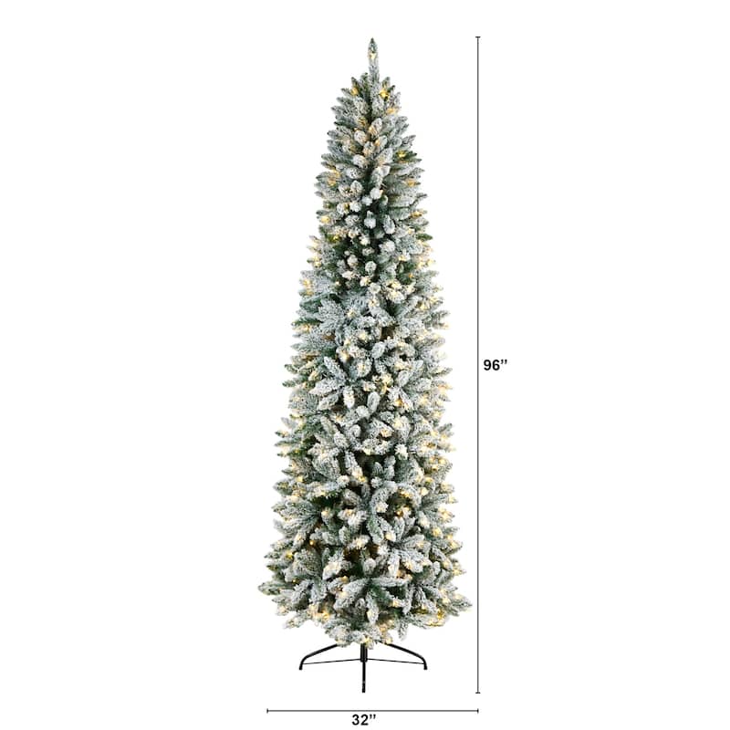 8ft Slim Artificial Christmas Tree with Lights - Winter Fir Tree, Prelit Warm White LED Lights - Green - 96