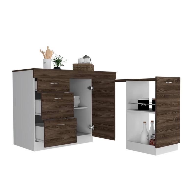 White & Dark Walnut Kitchen Base Cabinet with 3 Drawers, 2 Shelves & Expandable Top Surface