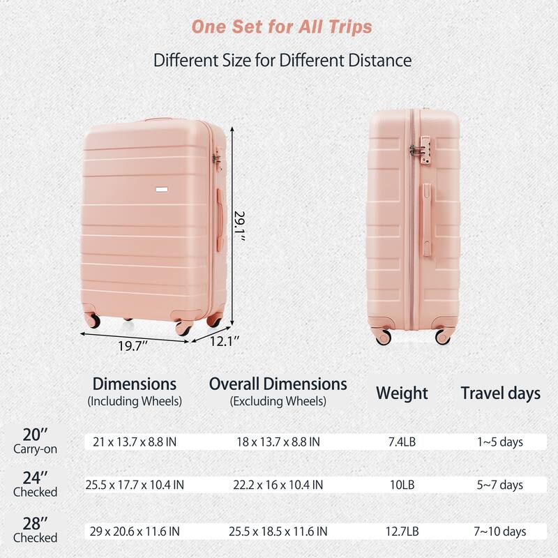 Luggage Sets Four Piece, ABS Durable Suitcase with Travel Bag