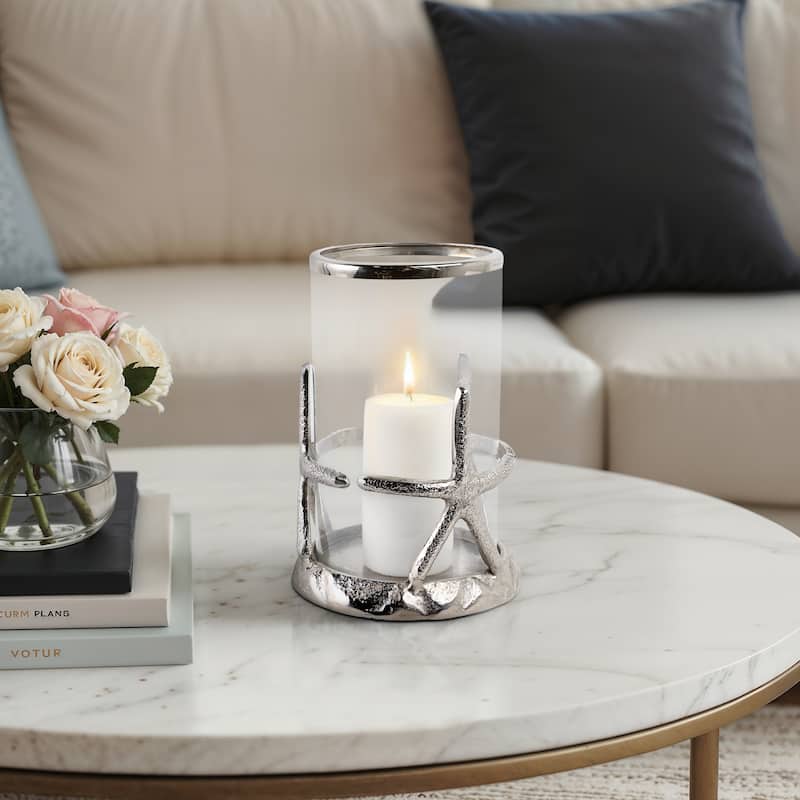 Aluminum Glass Pillar Candle Holder Starfish Design - 11" Silver - 7.5" x 7.5" x 11"