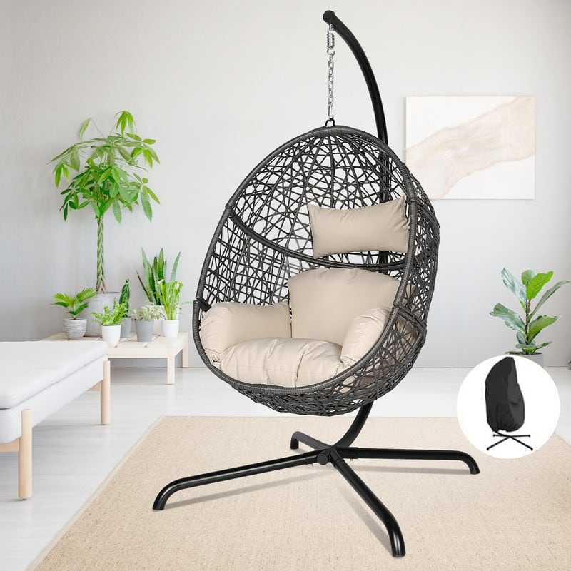 Oversized Outdoor Egg Chair with Stand, 450lbs Capacity Wicker Hanging Swing Chair, Extra Large Patio Lounge Chair with Cushions - Beige/Cover