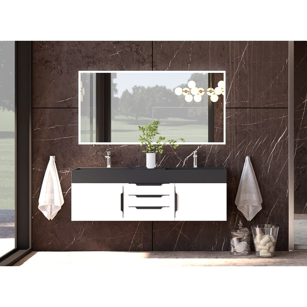 Amazon 60" Wall Mounted Bathroom Vanity Set w/ Black Top