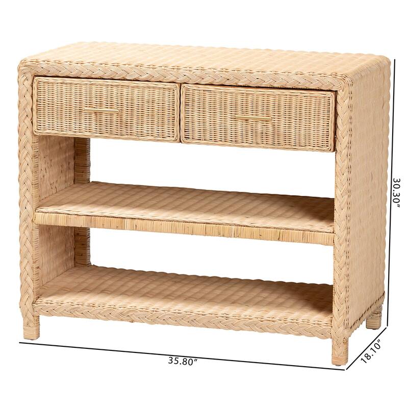Lanica Braided Natural Rattan Console Table with Drawers and Shelves – Coastal Style Cabinet for Entryway or Living Room