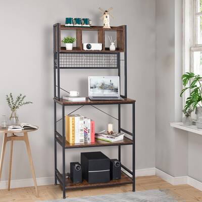 5-Tier Kitchen Bakers Rack with 10 S Hooks and 3 Cubes Rustic Brown