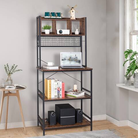 5-Tier Kitchen Bakers Rack with 10 S Hooks and 3 Cubes Rustic Brown