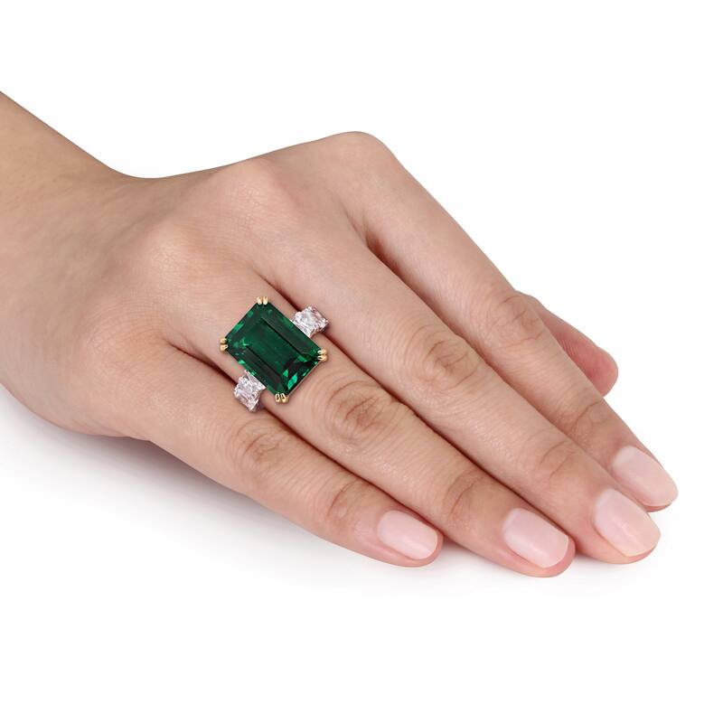 10 7/8ct TGW Created Emerald 1 1/2ct TW Lab-Grown Diamond Ring 18k Two-Tone Gold