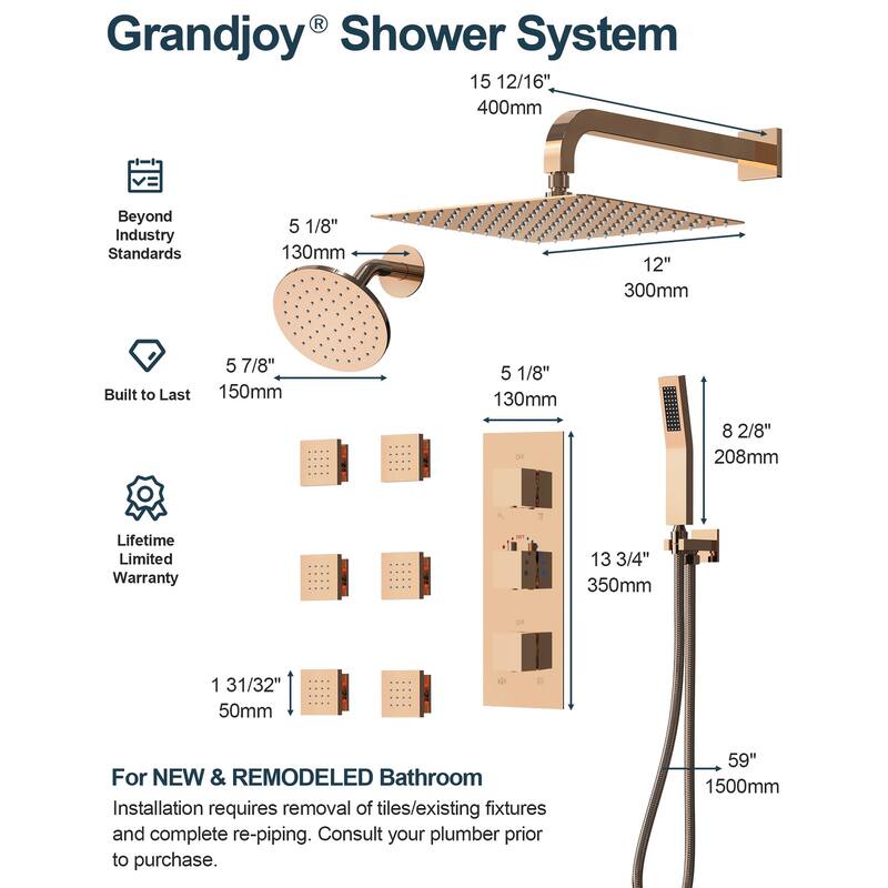 GRANDJOY 12" Wall Mounted Shower System Dual Shower Heads with 6 Body Jets