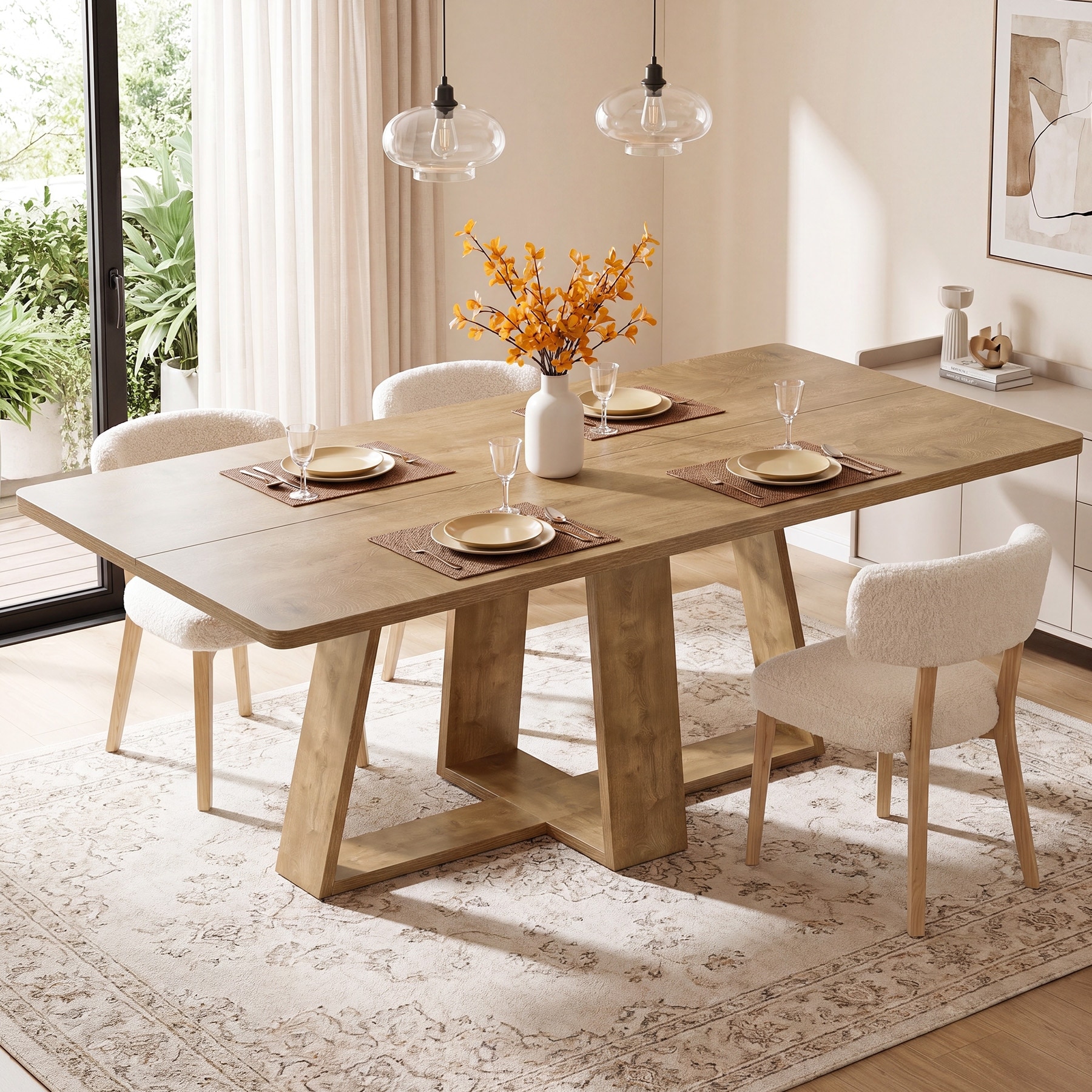 63" Farmhouse Rectangular MDF Dining Table with Cross Base Legs for 4-6 People
