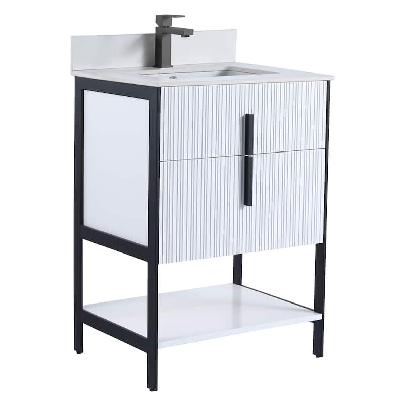 Fine Fixtures Serenity Modern Bathroom Vanity with White Stone Top - White Matte - Black Hardware - 24 inch