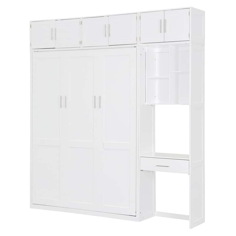 Full Size and Queen Size Wall Murphy Bed with Desk, Top Cabinet and Storage Shelves, Space Saving Foldable Bed