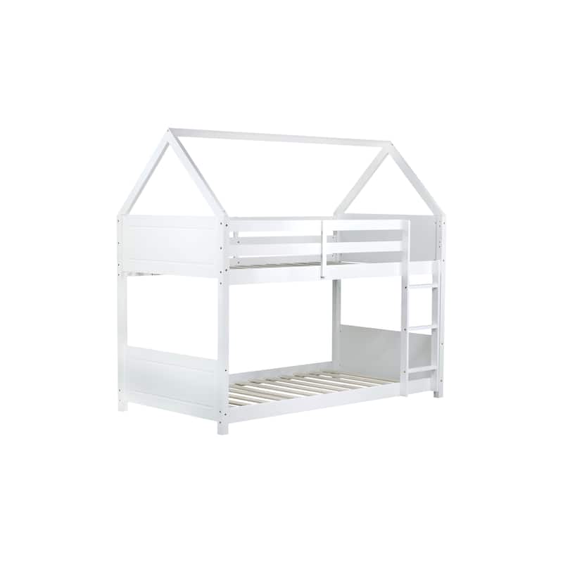 Twin Over Twin House Floor Bunk Bed with Headboards, Footboards, Guardrails, and Ladder, White