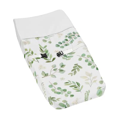 Floral Leaf Collection Girl Changing Pad Cover - Green and White Boho Watercolor Botanical Woodland Tropical Garden