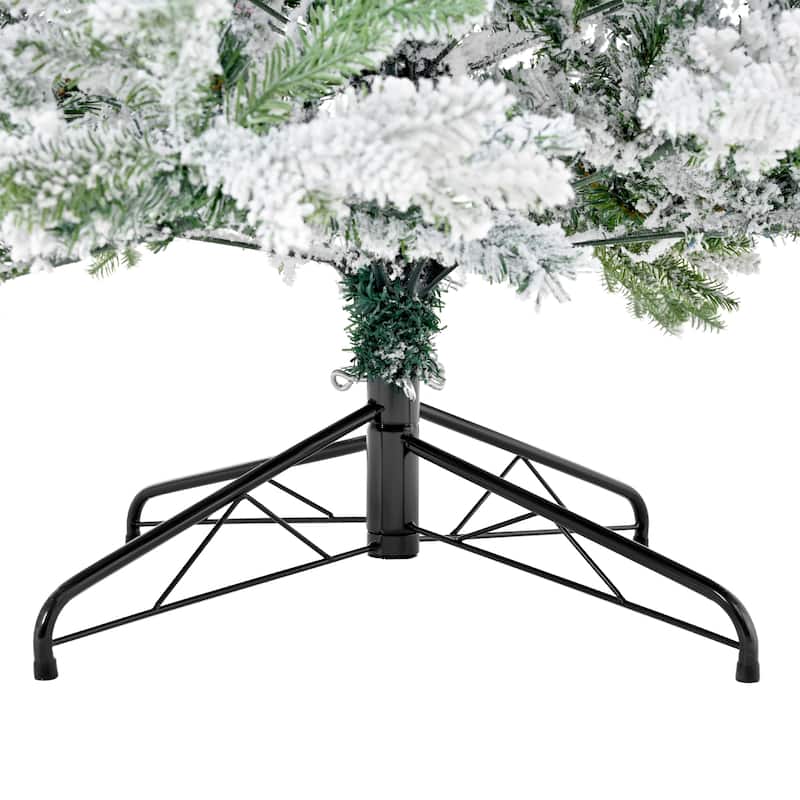Premium 7FT Snow Flocked Hinged Artificial Christmas Fake Spruce with Fluffy Branch White Snow Tips and Metal Stand