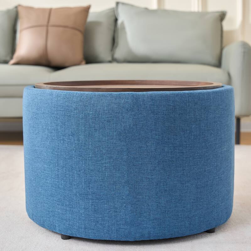 Ball & Cast Nesting Storage Ottomans of 2, Linen Upholstered Footstool Wood Tray, 22.75" Round Coffee Table