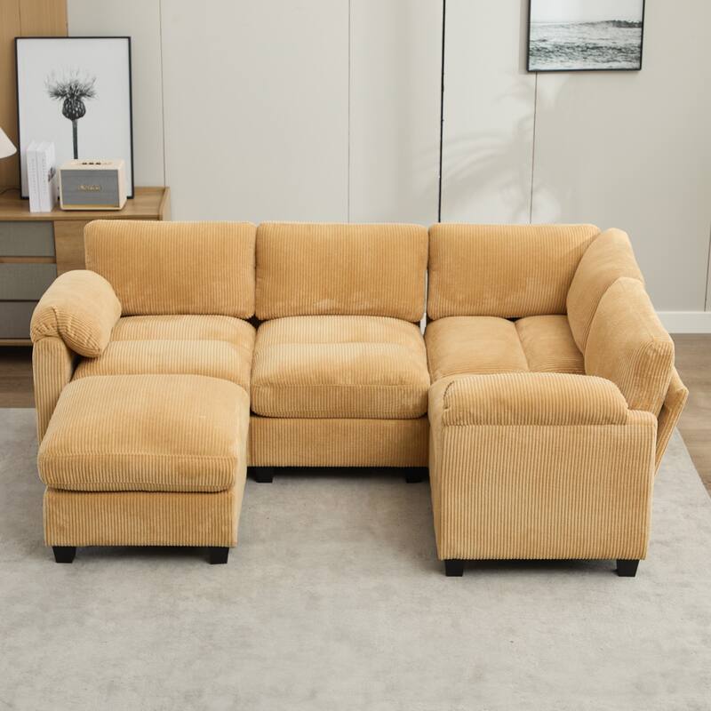 Multi-Seater Corduroy Sectional Sofa, Soft & Comfortable Corner Sofa - 4 Seats & 1 Ottoman - Mineral Yellow