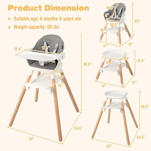 dimension image slide 2 of 4, Costway 6-in-1 Convertible Wooden Baby Highchair Infant Feeding Chair - See Details
