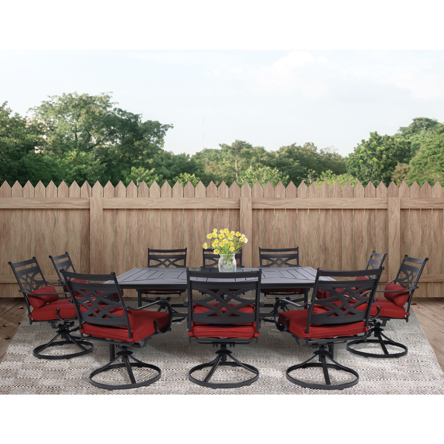 Hanover Montclair 11 Piece Dining Set in Chili Red with 10 Swivel