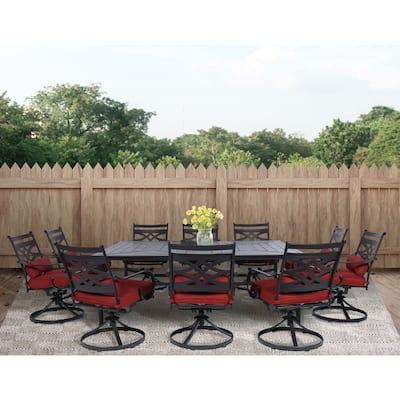 Hanover Montclair 11-Piece Dining Set in Chili Red with 10 Swivel Rockers and a 60-In. x 84-In. Table