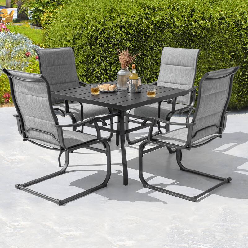 Outdoor 5-Piece Dining Set with Umbrella Hole, Textilene and Iron - Grey