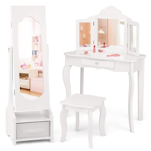 slide 2 of 18, Costway Kids Vanity Set Princess Makeup Dressing Table & Chair Set - See Details White