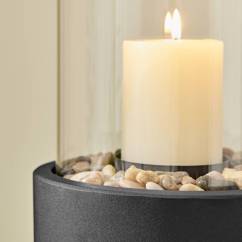 Large Hurricane Glass Pillar Candle Holders with Pebble Base - 19.25" - Black
