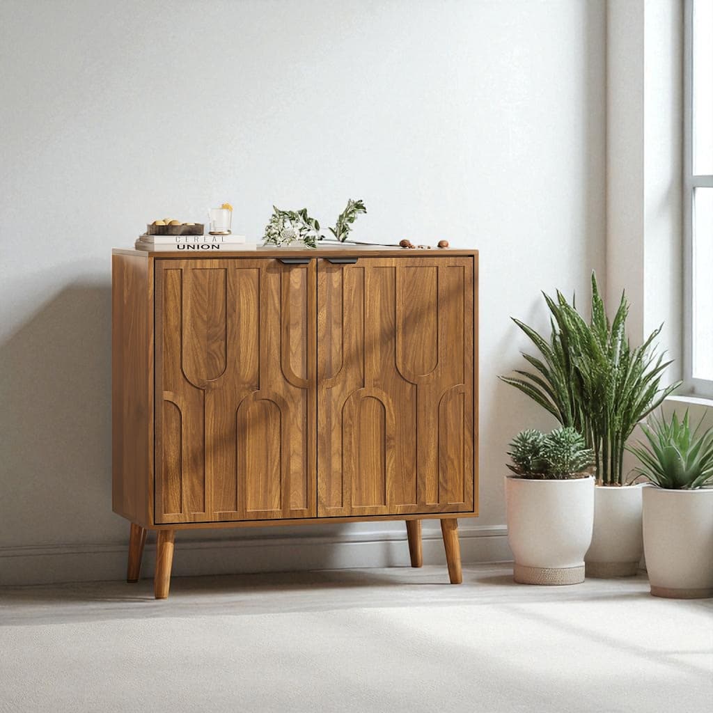 Farmhouse Sideboard Buffet Cabinet with Slatted Doors, Walnut Coffee Bar Storage Cabinet with Adjustable Shelves