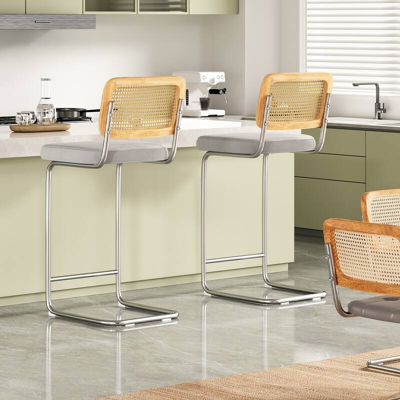 Counter Height Bar Stools Set Of 2, Upholstered Barstools With Rattan Back,30 Inch Stools Armless Bar Chairs
