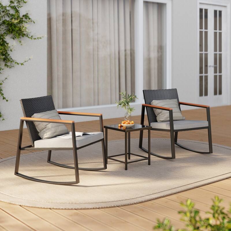3 Piece Rocking Patio Bistro Set Wicker, Rocking Chair Pub Set with Glass Table