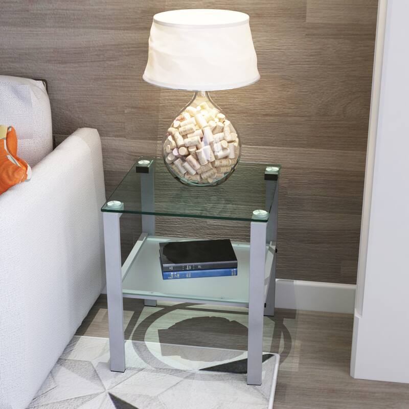 Glass two layer tea table, small round table, bedroom corner table, living room white side table(White)