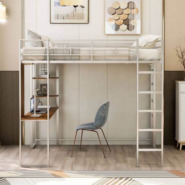 slide 2 of 43, Space-Saving Full Size Loft Bed with 2 Shelves & Desk Silver