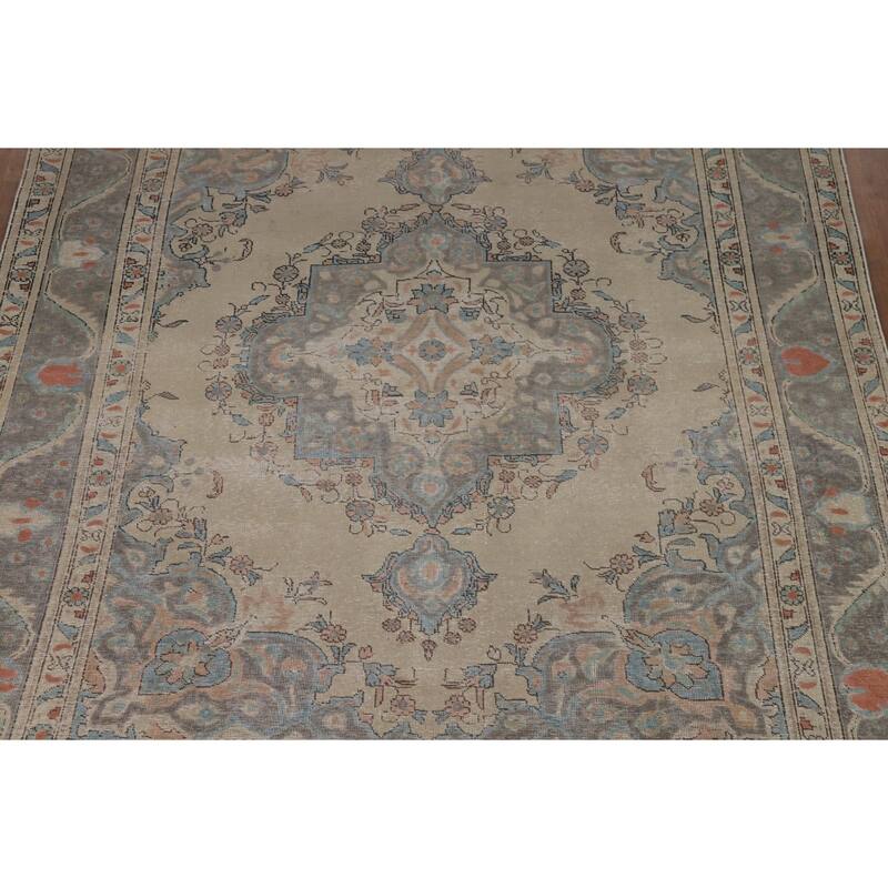 Geometric Tabriz Persian Rug Hand-Knotted Beige Wool Carpet - 8'2"x 10'6"