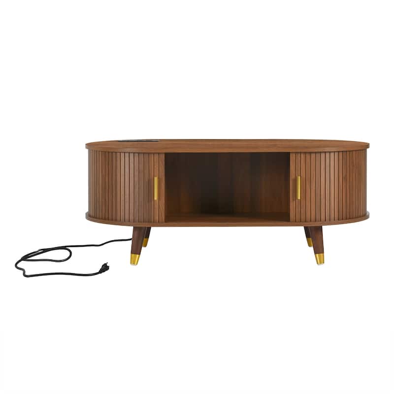 42.5" Mid-Century Oval Coffee Table – Solid Wood Fluted Design with Sliding Tambour Door & Built-In Charging Station.