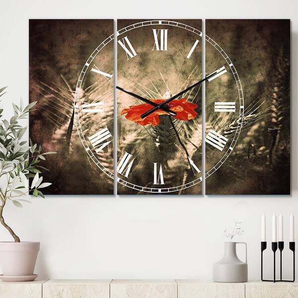 slide 2 of 6, Designart 'Sigle Red Poppies' Cottage 3 Panels Large Wall CLock - 36 in. wide x 28 in. high - 3 panels