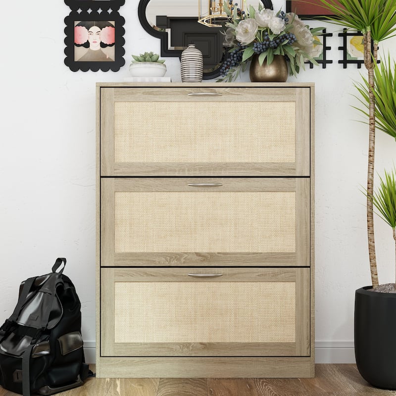 Rattan Narrow Shoe Cabinet with 3 FILP Drawers,Shoe Storage Organizer