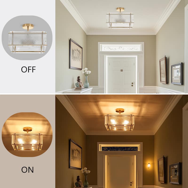 Modern 4 Light Semi Flush Mount Textured Glass Black Metal Design