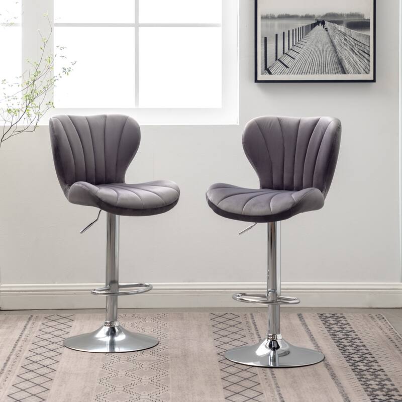 Set of 2 Adjustable Swivel Barstools with Upholstered Bucket Seats and Chrome Footrest.