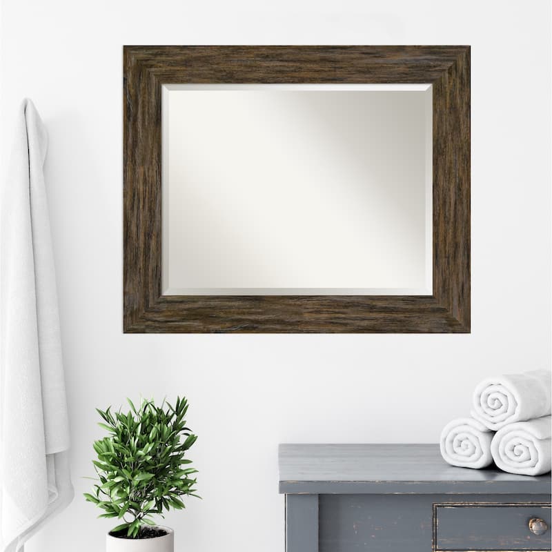 Beveled Wood Bathroom Wall Mirror - Fencepost Brown Frame