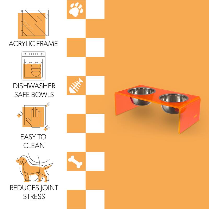 Keaton 5" Small/Medium Modern Lucite Rectangular Elevated Pet Feeder with 20oz 2-Stainless Steel Bowls