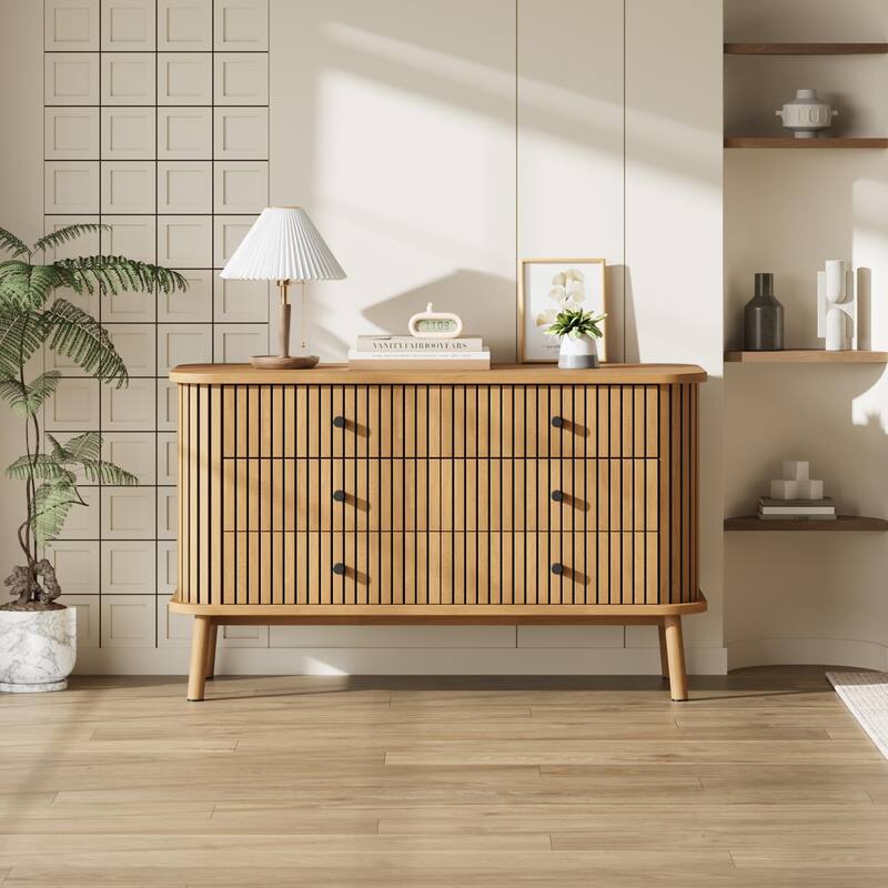 6 Drawer Dresser for Bedroom, Double Chest of Drawers, Boho Wooden Dresser with Handles