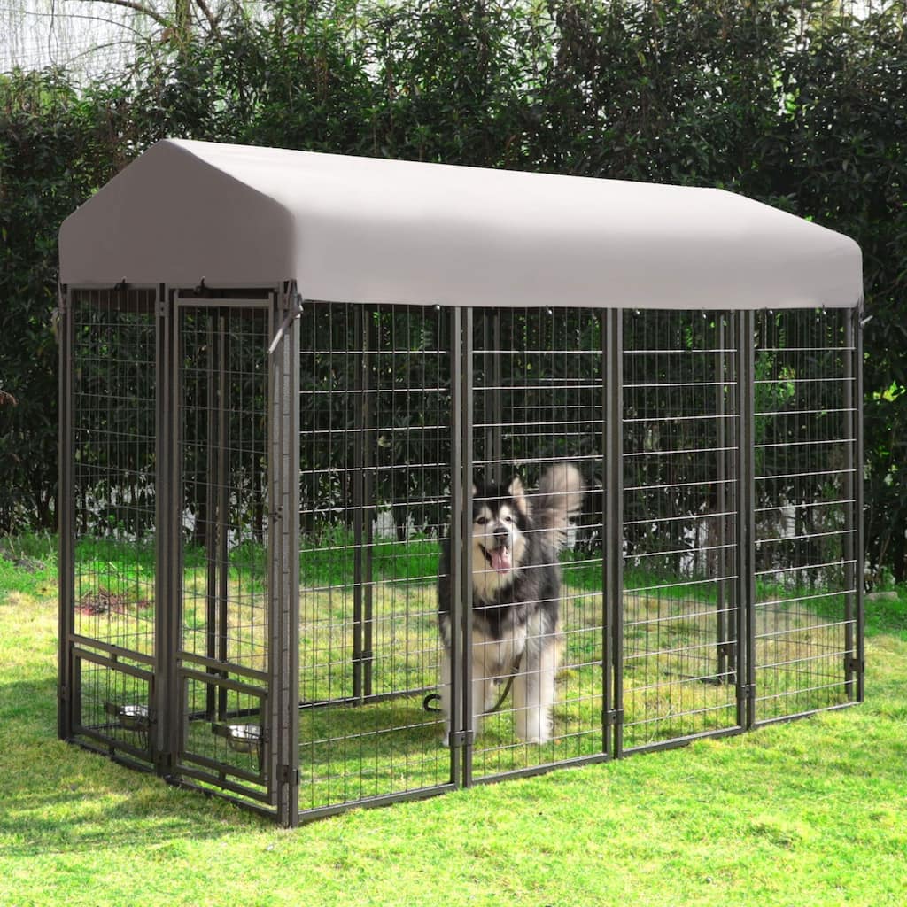 VEIKOUS Outdoor Dog Kennel with Roof, Large Dog House with 360° Rotating Feeding Doors & Stainless Steel Bowls