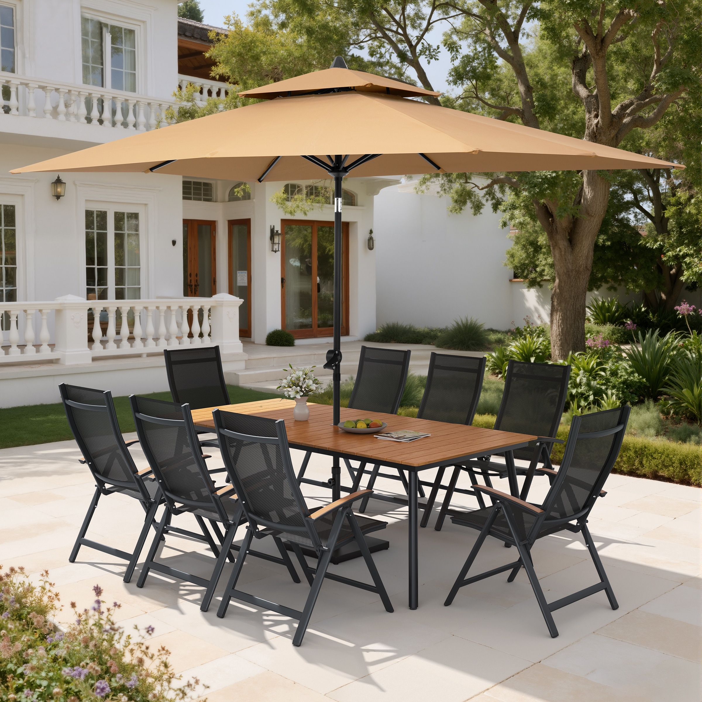 11PC Outdoor Patio Dining Set Aluminum Table with Folding Armchairs w/ Market Umbrella Sets