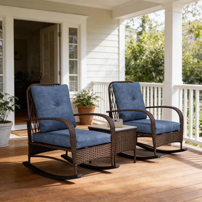 GDFStudio - Outdoor Wicker Rocking Bistro Set with Cushioned Chairs & Table