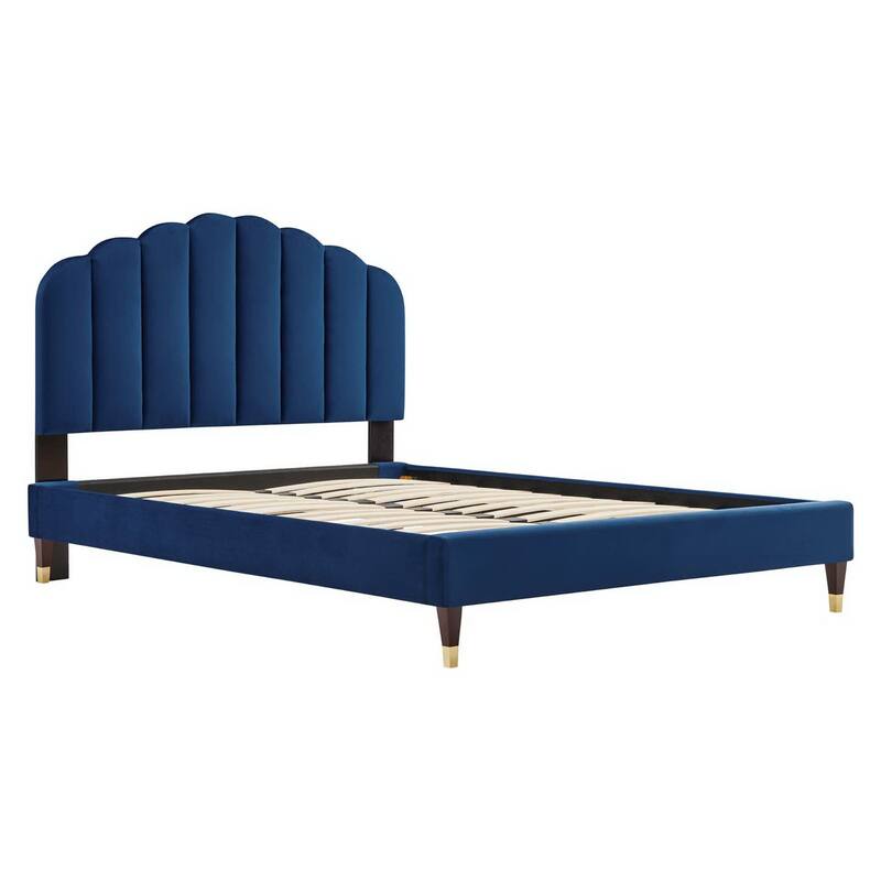 Daisy Performance Velvet Platform Bed Wood and Gold Legs