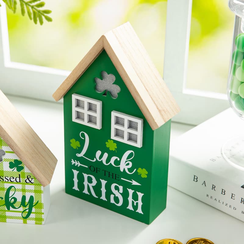 Glitzhome 8.5"H Set of 2 Lighted St. Patrick's Wooden House-shaped Table Decor