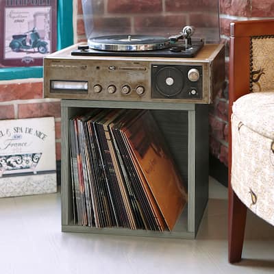 WAY BASICS Vinyl Storage Turntable Stand Organizer Shelf - Fits 65-70 LP Records, Grey