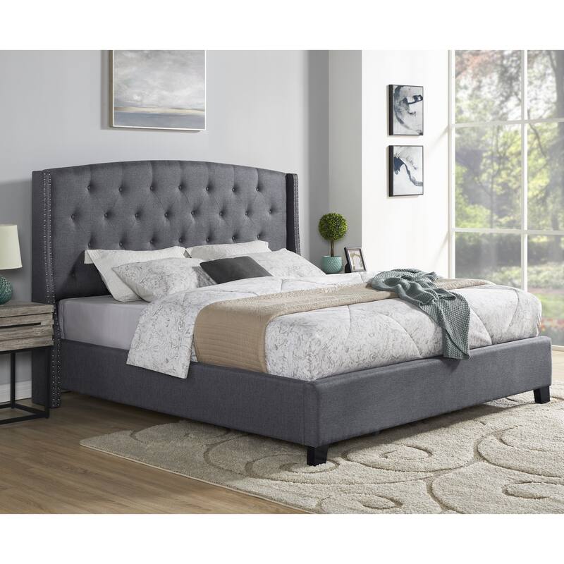 Gray Upholstered Polyester Platform Bed with Summit Fabric Button Tufted Wingback and Nail Head Trim