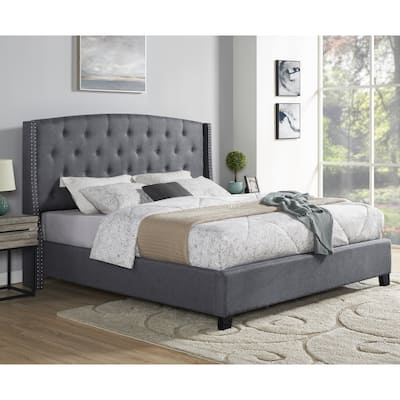 Roundhill Furniture Nantarre Tufted Wingback Upholstered Bed with Nailhead Trim,Gray