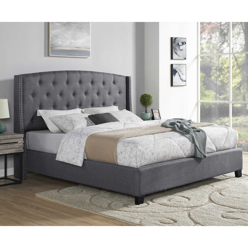 Roundhill Furniture Nantarre Tufted Wingback Upholstered Bed with Nailhead Trim,Gray