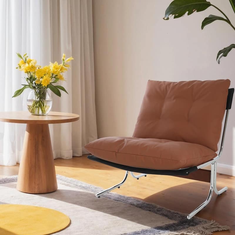 Modern Leather Accent Chair - High Back, Metal Legs - Orange